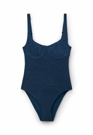 Granatowy, teksturowany jednoczęściowy strój kąpielowy z regulowanymi ramiączkami i miseczkami z fiszbinami, zaprojektowany dla dopasowanej sylwetki.