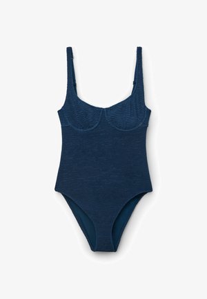 Costume intero blu navy con trama, dotato di spalline regolabili e coppe con ferretto, progettato per una silhouette aderente.