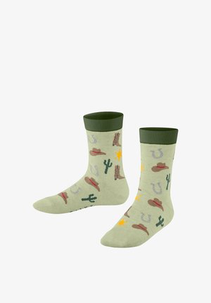 Lichtgroene sokken met donkergroene boorden, versierd met cowboyhoeden, laarzen, cactussen, hoefijzers en sheriffsterren.