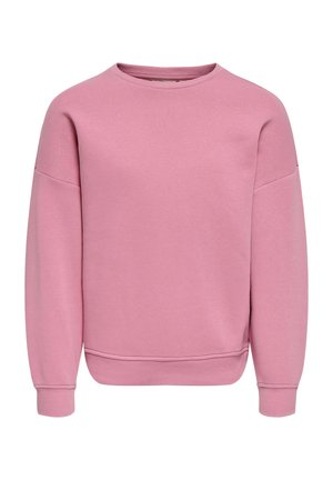 Felpa rosa semplice a maniche lunghe con collo, polsini e orlo a coste, mostrata su sfondo bianco.