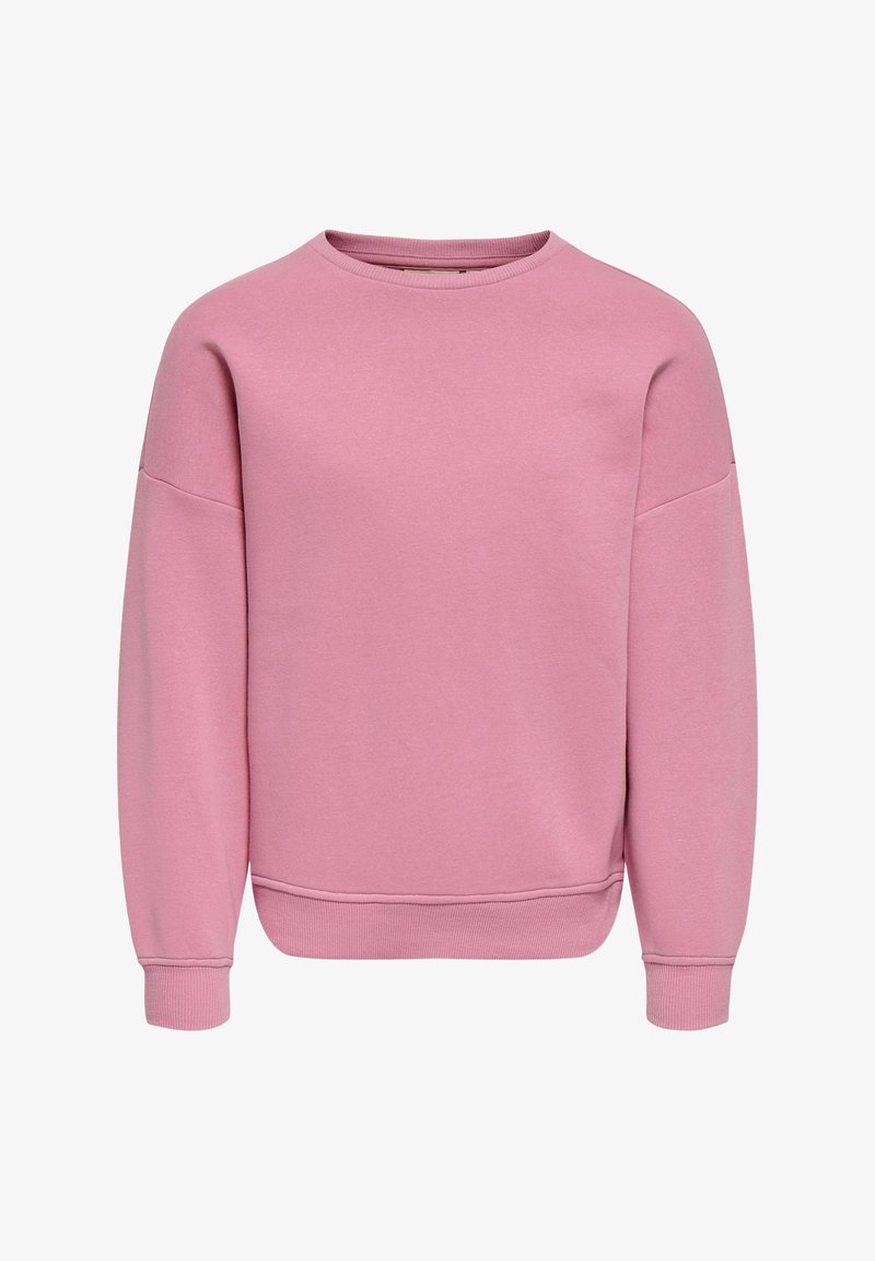 Sweat-shirt rose uni à manches longues avec col rond côtelé, poignets et ourlet, présenté sur fond blanc.
