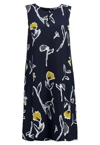 Námořnické bezrukávové šaty s květinovým vzorem v žluté a šedé barvě, kulatým výstřihem a detaily ve tvaru klíčové dírky na přední straně. Hladká textura materiálu.