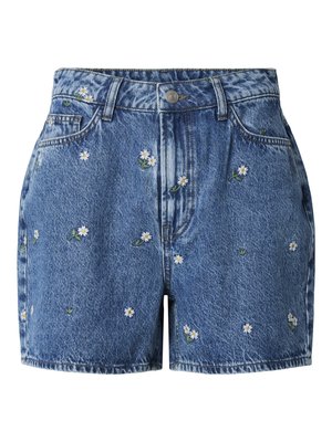 Zilas džinsa šorti ar nelielu baltu margrietiņu izšuvumu, priekšā ar pogu, rāvējslēdzēju, jostu cilpām un priekšējām kabatām.