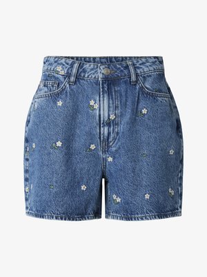 Blaue Jeansshorts mit kleinen weißen Gänseblümchen-Stickereien, vorn mit Knopf, Reißverschluss, Gürtelschlaufen und Vordertaschen.