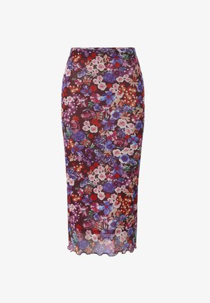 Jupe midi florale avec une base bordeaux foncé, ornée de fleurs colorées dans des tons de rose, violet et orange, avec un ourlet festonné.