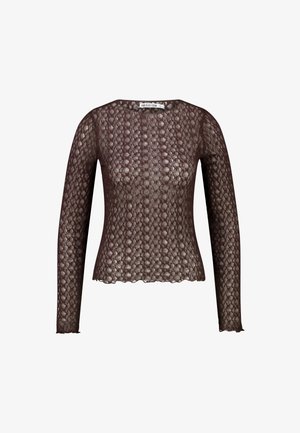 Strak aansluitend, lang mouws doorzichtig bruin kanten topje met cirkelpatronen en geschulpte randen aan mouwen en zoom.