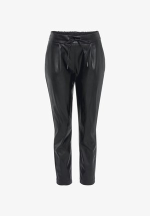 Pantalones de poliéster negro con aspecto de cuero que cuentan con una cintura elástica, cierre con cordón y dos bolsillos frontales, además de un diseño de pierna ajustada.