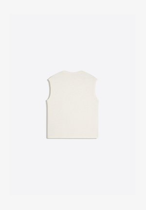 Mouwloze, off-white gebreide vest met een ronde halslijn, van achteren getoond op een effen witte achtergrond.