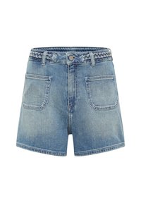 Svetlomodré denim šortky s opleteným pásom, piatimi vreckami a rovnými nohavicami so strapcovým lemom.