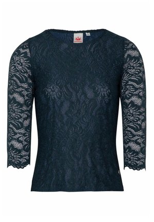 Donkerblauwe kanten top met een ronde halslijn, driekwart mouwen en een aansluitende silhoelette. Kanten patroon over de hele top met zichtbare textuur.
