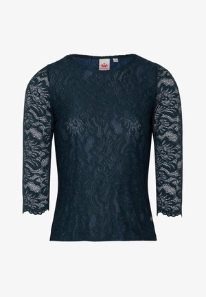 Donkerblauwe kanten top met een ronde halslijn, driekwart mouwen en een aansluitende silhoelette. Kanten patroon over de hele top met zichtbare textuur.