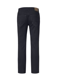 Black pants with a straight design, notable back pockets, and contrasting stitching. Features a leather patch on the waistband for accent.