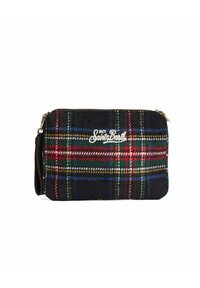 Ternet clutchtaske i blå, rød og grøn med en blød tekstur. Har lynlås og en hvid broderet logo.