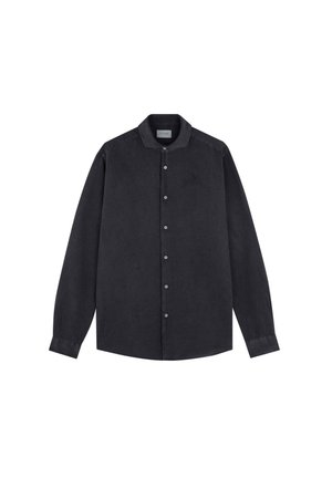 Dunkelgraues Langarmshirt aus weichem Stoff, mit einer Knopfleiste vorne und einem klassischen Kragen. Einfaches Design ohne Muster.