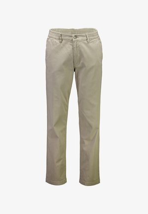 Beżowe bawełniane spodnie z elastycznym pasem, zapięciem na guzik i prostymi nogawkami. Posiadają boczne kieszenie i gładką fakturę.