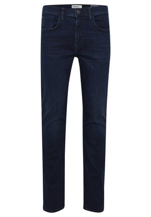 Jeans oscuros, ajustados y de mezclilla. Incluyen cinco bolsillos, lazos para el cinturón y una clásica cremallera con cierre de botón.
