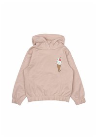 Sudadera con capucha de color rosa pálido y dobladillo fruncido, con un gráfico minimalista de un cucurucho de helado en el lado izquierdo del pecho. Tejido de algodón suave.