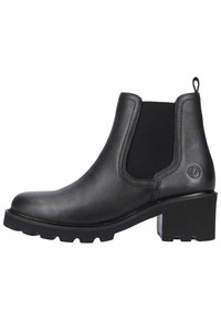 Black leather Chelsea boots with elastic panels, textured surface, round toe, and a chunky heel. Features a pull tab for easy wear.