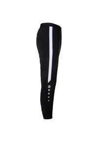 Jogging noir avec une bande latérale blanche, détail de bouton à la cheville et design ajusté. Fabriqué en matériau léger pour plus de confort.