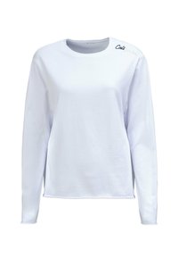 Weißes Langarmshirt aus weicher Baumwolle. Hat einen runden Halsausschnitt und "California" ist auf der linken Schulter eingestickt.