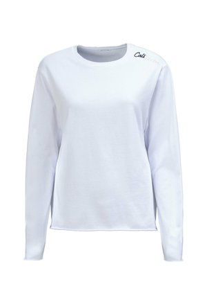 T-shirt blanc à manches longues en coton doux. Il présente un col rond et le mot "California" brodé sur l'épaule gauche.