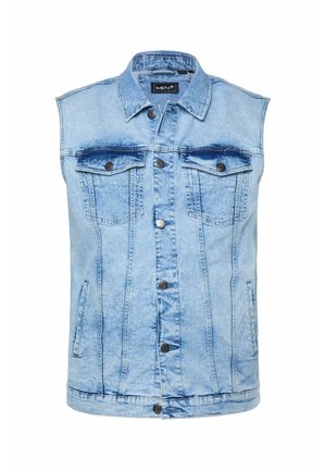 Hellblaues ärmelloses Jeansweste mit durchgehender Knopfleiste, zwei knöpfbaren Brusttaschen, Seitentaschen und spitzem Kragen.