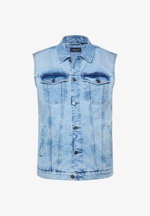 Jasnoniebieska jeansowa kamizelka bez rękawów z przodem na guziki, dwoma zapinanymi na guziki kieszeniami na piersiach, kieszeniami po bokach oraz zaostrzonym kołnierzem.