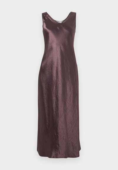 Mauve ärmelloses Maxikleid mit einer glatten, glänzenden Textur und einem sanften Rundhalsausschnitt, geradem Saum und minimalistischen Design.
