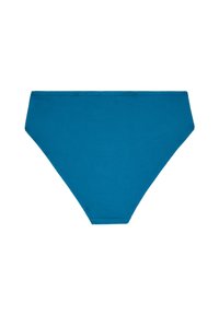 Mėlynos spalvos bikini kelnaitės, pagamintos iš tekstūruoto audinio; turi vidutinio aukščio juosmenį, pilną dengimą ir švarias siūles, užtikrinančias lygų apdailą.