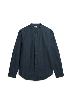 Donkerblauwe button-up shirt van denimstof met een mandarin kraag, lange mouwen en een ronde zoom. Voorzien van een frontale placket.