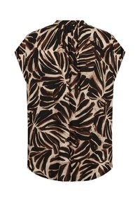 Kurzärmelige Bluse im Schwarz- und Braunblattdruck auf cremigem Hintergrund. Mit einem runden Halsausschnitt und einem Faltendetail auf der Rückseite.