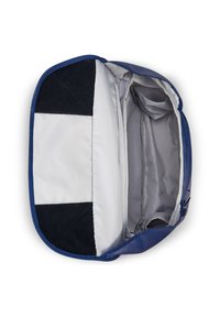 Borsa di tessuto blu navy con interni grigi. Contiene scomparti e una fodera morbida. Presenta una chiusura con cerniera e bordi arrotondati.