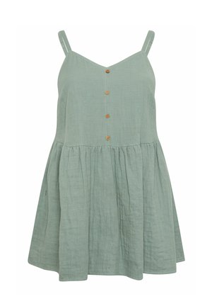 Ärmelloses, hellgrünes Kleid mit dünnen Trägern, gerafftem Rock und vier kleinen braunen Knöpfen entlang der vorderen Mitte.