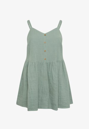 Mouwloze lichtgroene jurk met dunne bandjes, een geplooide rok en vier kleine bruine knopen middenvoor.