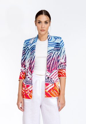 Kleurige geblokte blazer met blauwe, roze en oranje tinten, een gestructureerd silhouet, revers en twee voorkwaliteiten.