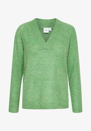 Groene trui met een V-hals, lange mouwen en een zachte textuur. Heeft een iets relaxed pasvorm en een subtiele gemêleerde afwerking.