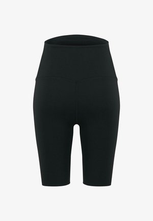 Augstām vidukļa melnas riteņbraukšanas šortas, kas izgatavotas no gludas, elastīgas auduma. Iespējo vienkāršu dizainu bez redzamām emblēmām vai rakstiem.