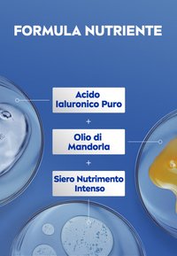 Sfondo blu con tre contenitori rotondi che mostrano gel trasparente, olio di mandorle e siero giallo, etichettati con ingredienti e benefici del prodotto.
