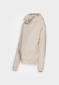 Béžová mikina s kapucí, dlouhými rukávy, přední klokaní kapsou a žebrovanými manžetami a lemem na čistém bílém pozadí.