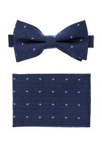 Granatowy krawat w kształcie muszki z jasnoniebieskimi wzorami, w zestawie z pasującą poszetką z podobnym wzorem. Obie rzeczy mają teksturowane powierzchnie.