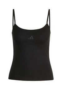 Čierny rebrovaný top na ramienka s tenkými pásikmi a okrúhlym výstrihom. Obsahuje jemné čierne logo na prednej strane pre dodatočný detail.