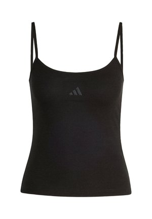 Top a maniche sottili nero a coste con scollatura rotonda. Presenta un logo nero discreto sul davanti per un tocco di dettaglio in più.