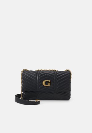 Schwarze gesteppte Lederhandtasche mit goldenem "G"-Logo, Kettenriemen und Chevron-Musterdetail. Kompakte rechteckige Form.