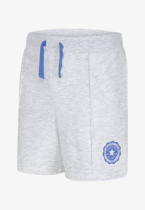 Light gray cotton shorts with a soft texture, featuring a blue drawstring and a round blue logo accent on the lower leg.