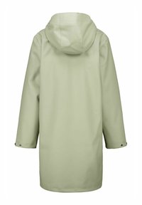 Light green waterproof coat with a hood, long sleeves, and snap button accents. Smooth texture and straight cut, suitable for rainy weather.