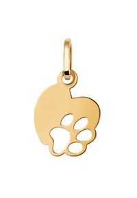 Złoty metalowy charms w kształcie odcisku łapy z gładkim wykończeniem i wypolerowaną powierzchnią. Zawiera okrągłą pętlę do mocowania.