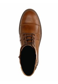 Brown leather ankle boot with lace-up closure, rounded toe, and stitching details. Smooth upper with a side zipper for easy wear.