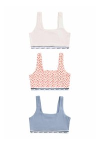 Tri bralette: gornji u svijetlo rozoj boji, srednji s crvenim cvjetnim uzorkom, donji u svijetlo plavoj boji. Svi imaju crni 'NEXT' pojas.