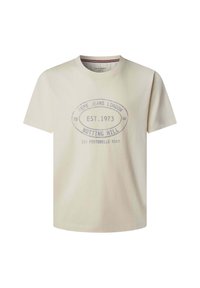 T-shirt beige clair à col en V en coton, avec un logo imprimé "Pepe Jeans London", "EST. 1973" et "Notting Hill" en bleu clair.