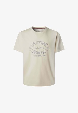 helebeežist v-kaelusega puuvillane T-särk, millel on helesinisega trükitud logo "Pepe Jeans London", "EST. 1973" ja "Notting Hill".